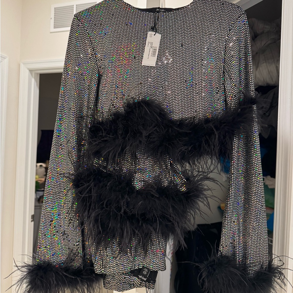 Silver and Black Feather-Trimmed Women's Jacket
